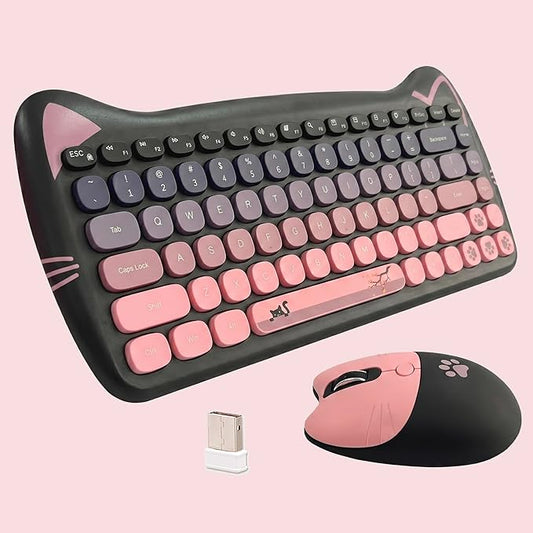 Cute Cat 2.4G USB Wireless Keyboard and Mouse Combo, Silent Keys, Candy Colors, Compatible with Notebook, PC (BlackPink-84Keys)