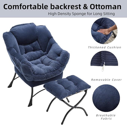 Modern Lazy Chair with Ergonomic Ottoman, Comfortable Lounge Chair with Footrest for Space Saving, Comfy Reading Armchair for Living Room, Bedroom, Office, Navy