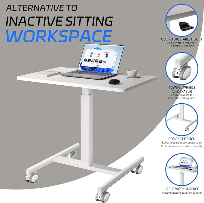 GallopFun Mobile Laptop Standing Desk Adjustable Height, Small Mobile Desk Workstation with Wheels, Portable Rolling Computer Desk Cart for Home Office Classroom (White)