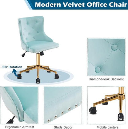 VINGLI Light Blue Armless Home Office Desk Chair with Gold Base/Wheels, Small Cute Vanity/Makeup Chair with Back for Bedroom, Upholstered Adjustable Rolling Swivel Nail Chair for Women/Girls