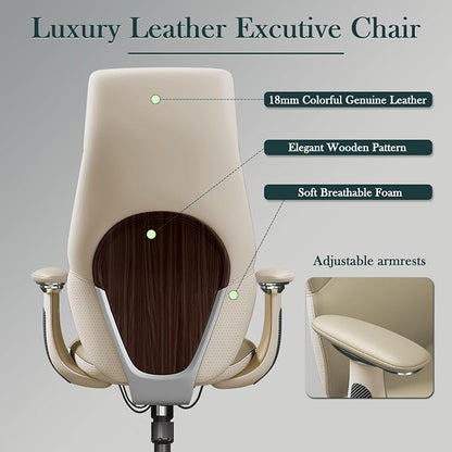 Ergonomic Genuine Leather Office Chair, Executive Chair with Tilt Adjustable High Back and Lumbar Support, 400lbs Weight Capacity Metal Base with 360° Flexible Wheels (White)