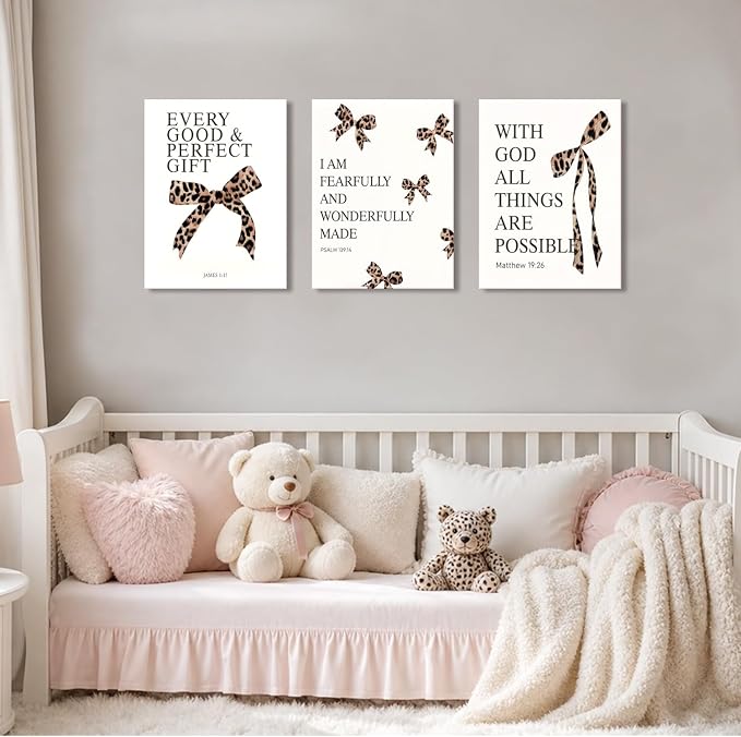 Leopard Bow Wall Art, Y2K Cheetah Print Room Decor for Teen Girls, Inspirational Bible Verses Bow Wall Decor Canvas Pictures Aesthetic for Bedroom Bathroom Dorm 16x24 Inch Framed