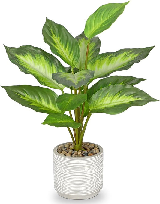 Small Fake Plants Indoor 14.5 Inch Potted Plant Artificial Decor 12 Leaves Faux Plant with Cement Pot Silk House Plants for Home Office Bathroom Kitchen Farmhouse Table Centerpieces Shelf Decor
