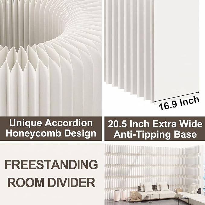 Foldable Accordion Room Divider, Wave-Shaped Freestanding Privacy Screen, Portable Paper Partition Wall, No Drilling Temporary Room Separator for Modern Home Office, Studio, Apartment, White