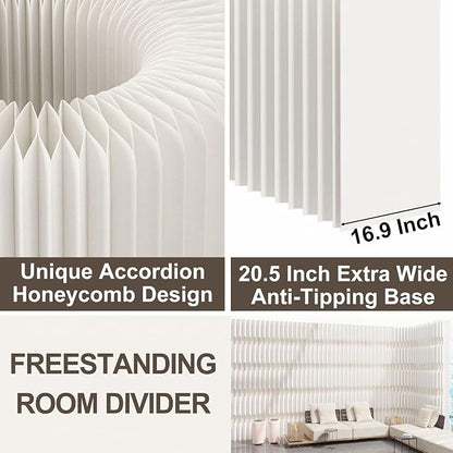 Foldable Accordion Room Divider, Wave-Shaped Freestanding Privacy Screen, Portable Paper Partition Wall, No Drilling Temporary Room Separator for Modern Home Office, Studio, Apartment, White