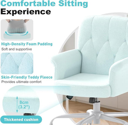 Comfy Home Office Desk Chair, Upholstered Fuzzy Vanity Chair with Wheels and Arms, Modern Adjustable Swivel Computer Seat for Make Up, Home Office, Living Room, Bedroom, Teddy Fleece, Blue