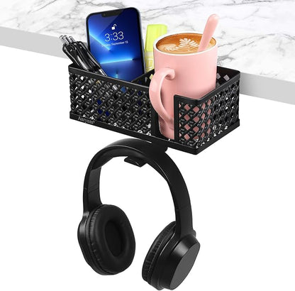 Desk cup holder, Clip on Cup Hook, Pen Holder Clamp Desk Organizer Pencil Holder Phone Holder Desk Storage for Office School Home (Black)