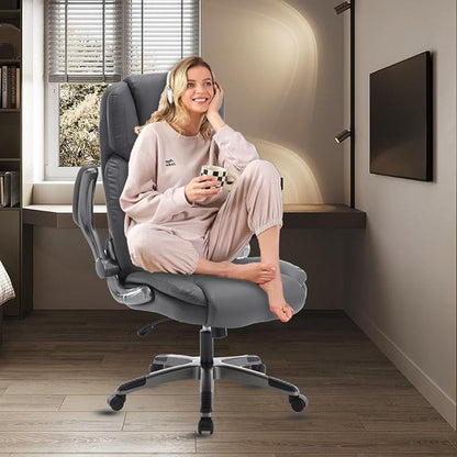 Executive Office Chair with Flip up Arms, Ergonomic PU Leather Office Chairs with Wheels, 90-120° Rocking High Back Office Desk Chair with Lumbar Support, Swivel Task Chairs(Grey)