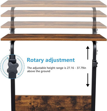 Karl home Mobile Side Table 31.5 Inch Computer Desk with Wheels Height Adjustable Rolling Potable Laptop Cart, C-Shaped Bed Couch End Tables with Edge Stopper for Livingroom Bedroom, Rustic Brown