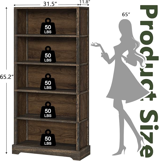 TVU 5-Tier Solid Wood Book Shelf, Floor Standing Bookcase, 65" H × 31.5" W × 11.8" D Bookshelf, Farmhouse Style Book Case with Arched Base, Suitable for Living Room, Study, Office, Walnut