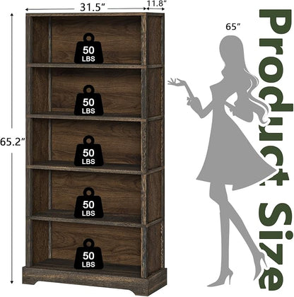 TVU 5-Tier Solid Wood Book Shelf, Floor Standing Bookcase, 65" H × 31.5" W × 11.8" D Bookshelf, Farmhouse Style Book Case with Arched Base, Suitable for Living Room, Study, Office, Walnut