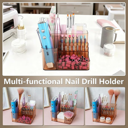 Nail Drill Holder, 21 Holes Nail Drill Machine & Bits Storage Box, Acrylic Nail Drill Bit Holder Professional Nail Tools Organizer, Nail Desk Organizer for Nail Tech (Coffee)