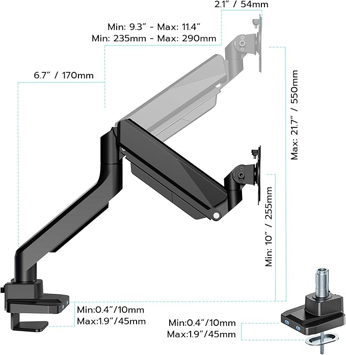 ARES WING Ultrawide Monitor Arm, Heavy Duty Single Monitor Mount for 13"-49" Curved Screens with USB, Adjustable Stand for Desk with C-clamp & Grommet Base up to 40 LBS, Black