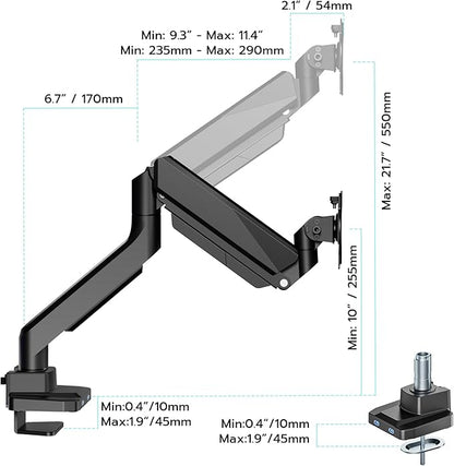 ARES WING Ultrawide Monitor Arm, Heavy Duty Single Monitor Mount for 13"-49" Curved Screens with USB, Adjustable Stand for Desk with C-clamp & Grommet Base up to 40 LBS, Black