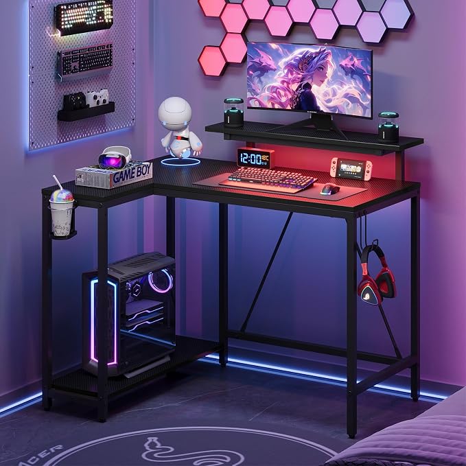 Pinmoco 42" Reversible L-Shaped Desk, Gaming Desk with LED Lights, Monitor Stand, Cup Holder and Headset Hook, Corner Work Station for Home Office, Study and Small Spaces, Carbon Fiber Black | corner desk fits small spaces, monitor stand, cup holder, h...