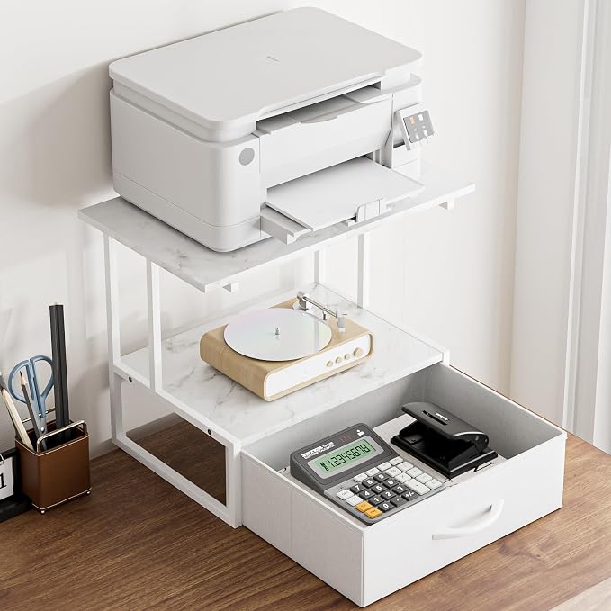 Masupu Printer Stand for Desk, Printer Table with Fabric Storage Drawer, 2 Tier Desktop Shelf, Multi-Purpose Desk Organizer for Home Office, 3D Printer, Fax Machine, Scanner, Marble White