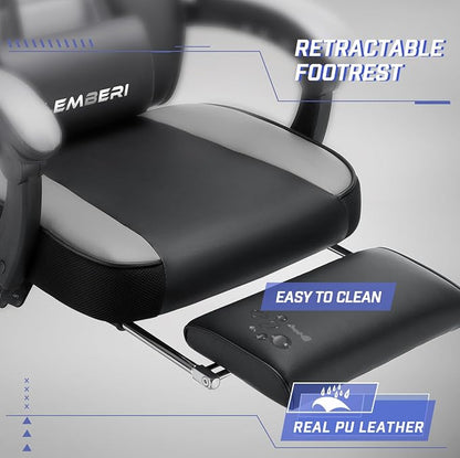 LEMBERI Gaming Chair with Footrest, Ergonomic Video Game Chair for Adults, Big and Tall Chair 400lb Weight Capacity, Racing Style Computer Gamer Chair with Headrest and Lumbar Support, PU Leather