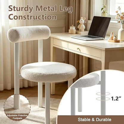 Cute Small Armless Desk Chair, Ergonomic Comfy Vanity Chairs Lumbar Support with Back for Makeup, Teddy Fabric Computer Desk Chair for Home, Bedroom, Vanity, Teens, Adults