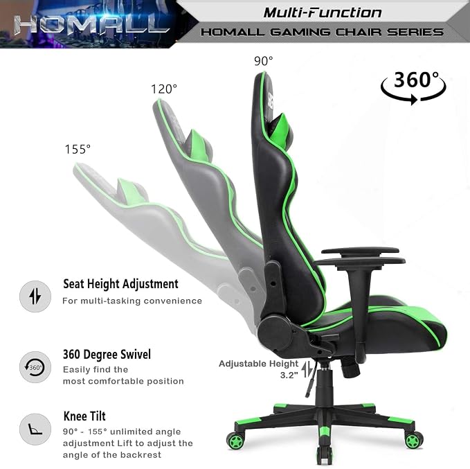 Homall Gaming Chair, Office Chair High Back Computer Chair Leather Desk Chair Racing Executive Ergonomic Adjustable Swivel Task Chair with Headrest and Lumbar Support (Green)