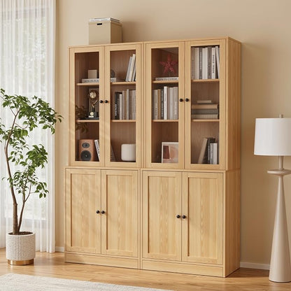 TUSY 71'' Bookshelf with Doors - 5 Tier Freestanding Tall Bookcase, Modern Storage Cabinet for Home Office, Curio Cabinets with Glass Door for Living Room, Bedroom (2, Wood)