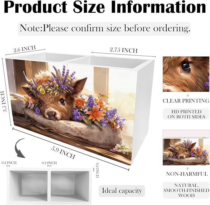 Spring Floral Highland Cow Pen Holder for Desk, Highland Cow Lovers Gifts Wooden Box Sign Desk Decor for Home Office Decoration, Cottagecore Wildflower Heifer Pencil Organizer