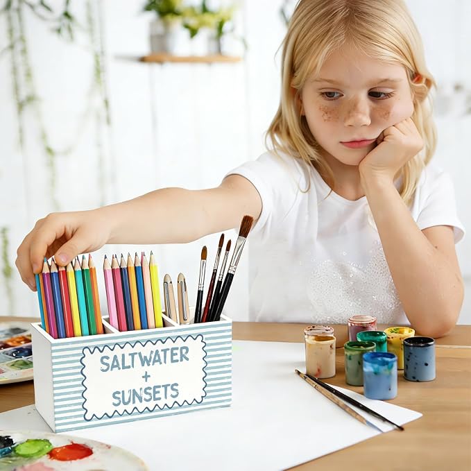 Blue Beach Pen Pencil Holder for Desk, Beach Office Decor, Coastal Ocean Saltwater and Sunsets Beachy Wooden Box Sign Decorations for Home Office Desk Tabletop