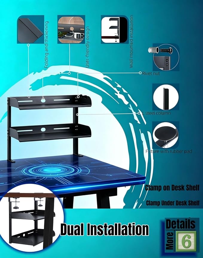 Yuxh Desk Clamp Shelf 16 Inch, Black | Space-saving, clip on or under shelf for panel tabletop, office, easy drill-free assembly, single-tier tray fits A4 paper