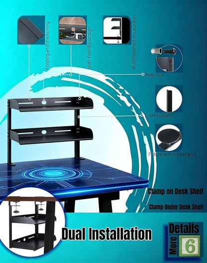 Yuxh Desk Clamp Shelf 15 Inch, Black | Space-saving, clip on or under shelf for panel tabletop, office, study room & gaming setup, easy drill-free assembly