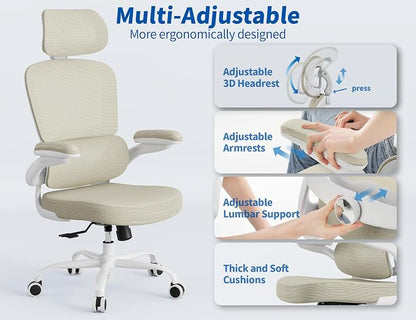 TRALT Ergonomic Office Chair - Desk Chair with Adjustable Headrest Lumbar Support Computer Chair - Mesh Comfy Chair with Flip-up Armrests - Gaming Chairs for Adults Home Office (Leather, Beige)