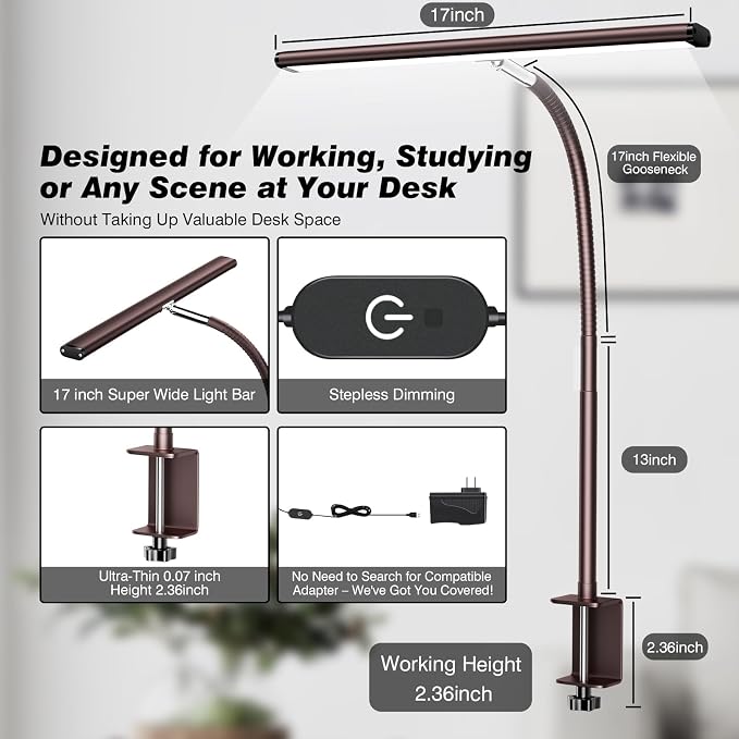 Airlonv LED Desk Lamp for Office Home, Eye-Caring Desk Light with Stepless Dimming Adjustable Flexible Gooseneck, 10W USB Adapter Desk Lamp with Clamp for Reading, Study, Workbench (Brown)