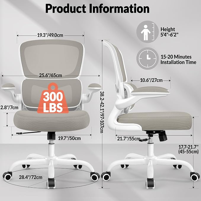 BESTFAIR Ergonomic Mesh Office Chair, Breathable Mesh Computer Desk Chair, Adjustable Lumbar Support, Flip-up Armrests, Executive Swivel Chair for Home Office, LightGray