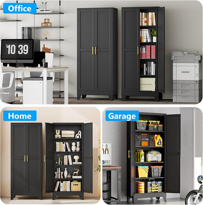 pozdeg 71" Tall Metal Storage Cabinet with 2 Doors & 4 Adjustable Shelves, Steel File Cabinet Multipurpose Organizer for Home Office Garage (Black)