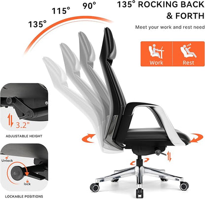 EUREKA ERGONOMIC Serene Executive Office Chair, Premium Nappa Leather High Back Boss Chair with Aluminum Base, Ergonomic Chair with Lumbar Support & Recline, Heavy Duty for Long-Hour Comfort, Black