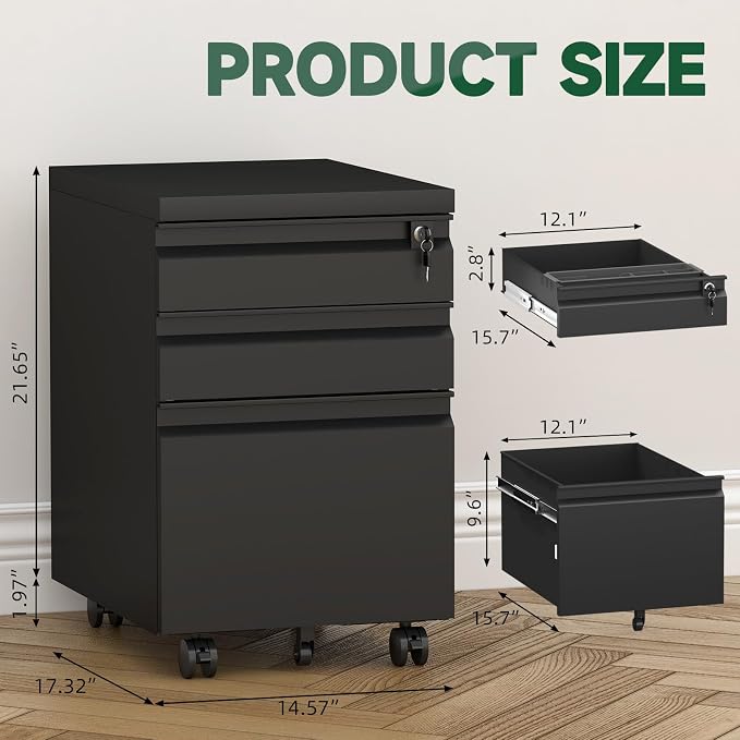 Filing Cabinets for Home Office, Printer Table with Caster, Lockable Office Cabinet with 3 Drawer, Small File Cabinet for Letters/A4, No Assembly Required, Black