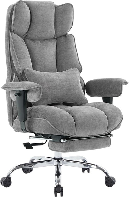 Efomao Executive Office Chair 400lbs, Grey Fabric Big and Tall Desk Chair | Breathable fabric, pocket spring & foam seat, retractable footrest, 135° recline for computer gaming setup