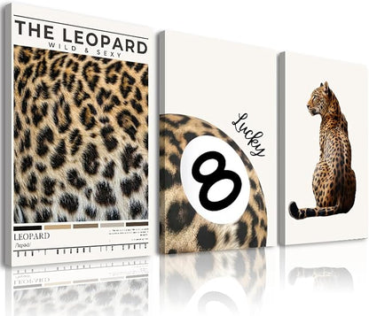 Trendy Leopard Wall Art Set of 3 Preppy Cheetah Wall Art,Funky Lucky 8 Ball Posters Prints Preppy Room Decor Aesthetic Cheetah Print Wall Decor for Girls Bedroom Apartment Dorm,Framed,12x16inch