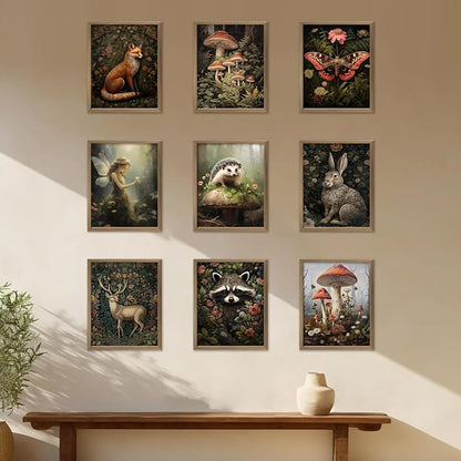Dark Cottagecore Room Decor Aesthetic, Cottagecore Core Wall Decor, Forest Botanical Wall Art Canvas Prints, Fairycore Decor, Nature Mushroom Posters Vintage Animal Pictures for Bedroom, UNFRAMED