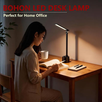 BOHON Small Desk Lamp with USB C Charging Port 5 Colors Stepless Dim Black | Reading Light Space-Saving Rotating Head Desk Lamp for Home Office College Dorm Room Bedside Table Bedroom