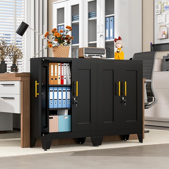 pozdeg 35.43" Lockable Metal Storage Cabinet, Steel Locker File Cabinet with 2 Doors ＆ 2 Adjustable Shelves, Multi-Purpose Organizer for Home, Office File Storage & Garage Locker (Black)
