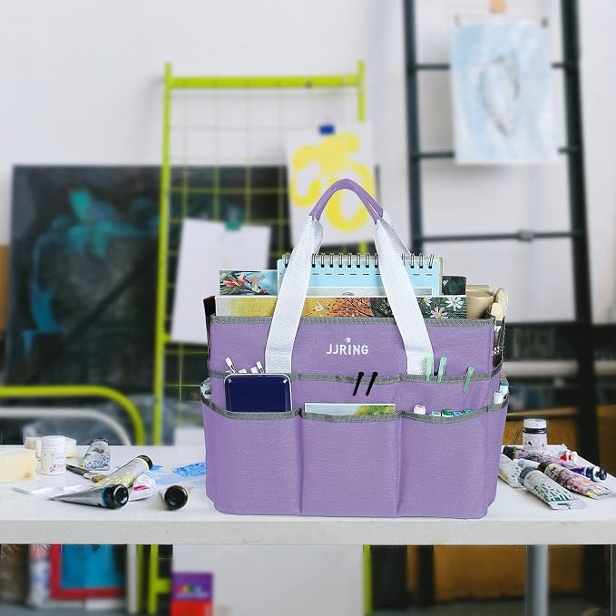 JJRING Craft Organizer Tote Bag, Large Art Storage Caddy with Multiple Pockets, Lilac Sewing Bag for Art, Craft, Scrapbooking, Medical, and Office Supplies Storage