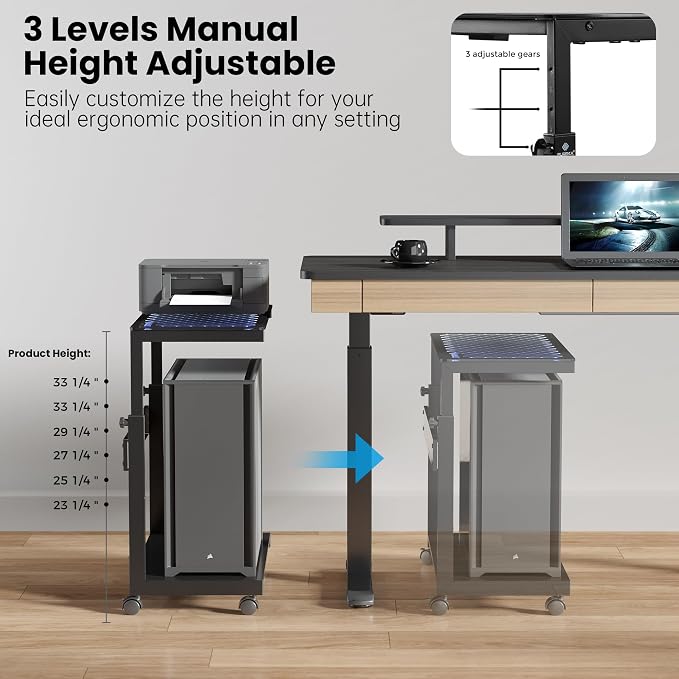 EUREKA ERGONOMIC Height Adjustable Computer Tower Stand, Illuminated Glass Panel PC Stand w/RGB Lights, 2-Tier CPU Holder Cart Under Desk, PC Floor Stand for Office Gaming, APP Control
