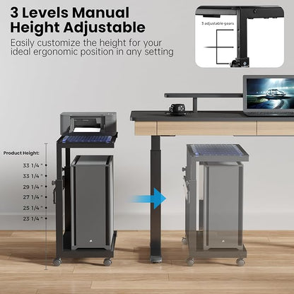 EUREKA ERGONOMIC Height Adjustable Computer Tower Stand, Illuminated Glass Panel PC Stand w/RGB Lights, 2-Tier CPU Holder Cart Under Desk, PC Floor Stand for Office Gaming, APP Control