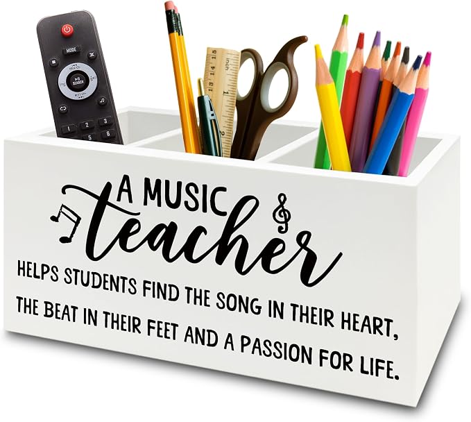 Music Teacher Pen Pencil Holder Organizer for Desk, Music Teacher Gifts, Teachers Appreciation Gifts for Women Men Wooden Box Sign for Office Workplace Classroom Desk Tabletop Decorations