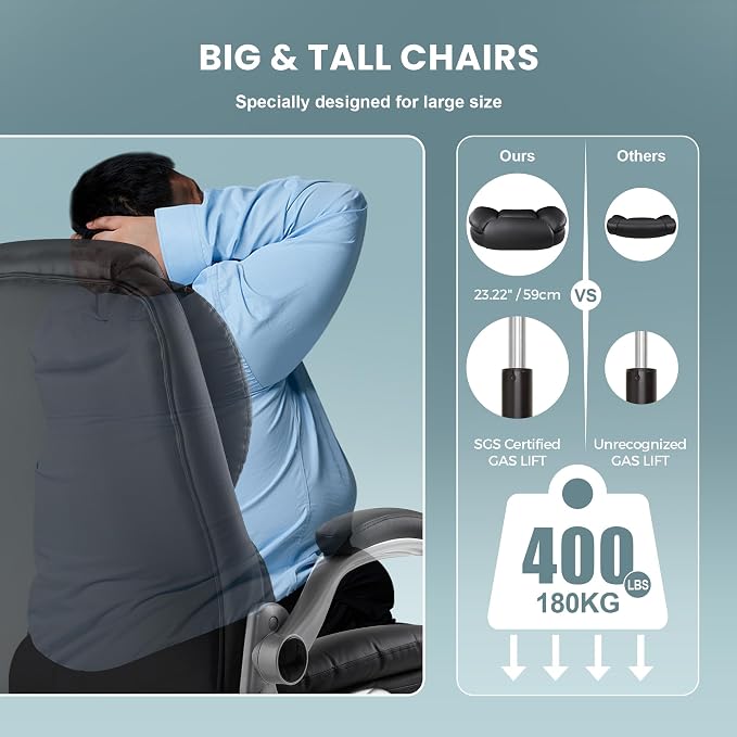 IWMH Executive Office Chair, Ergonomic Big and Tall Computer Desk Chair, High Back PU Leather Chair with Padded Flip-up Armrest, Lumbar Support Swivel Rolling Chairs Black