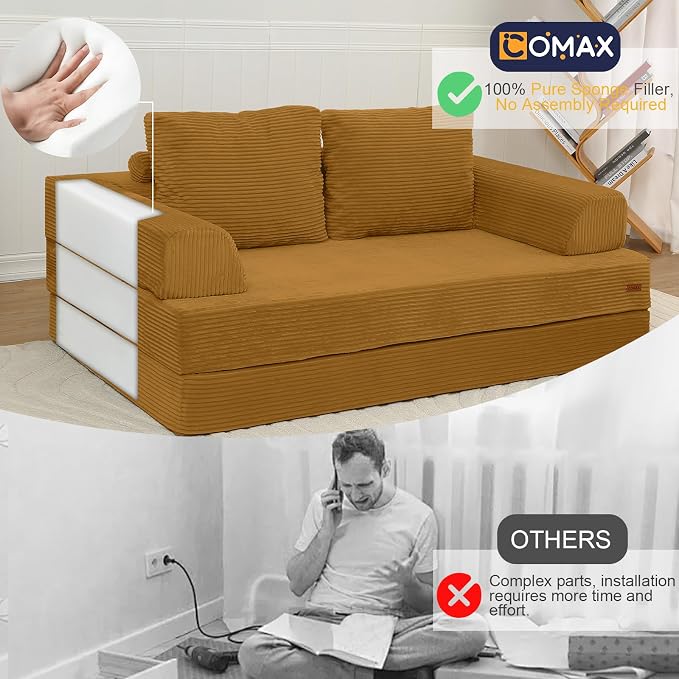 COMAX Futon Sofa Bed, Convertible Folding Sofa Bed, Boneless Couch Loveseat Corduroy with Pillows, Small Foldable Floor Couch Comfy Lounge Sleeper for Living Room Bedroom, Orange