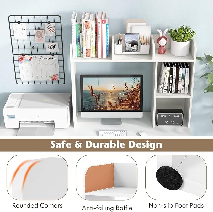 LDAILY Desktop Shelf, Multipurpose Wood Desk Hutch for Max 27" Computer Monitor, Countertop Storage Hutch with 5 Shelves, 3 Tier Desktop Display Rack for Dorm Office Home (White)