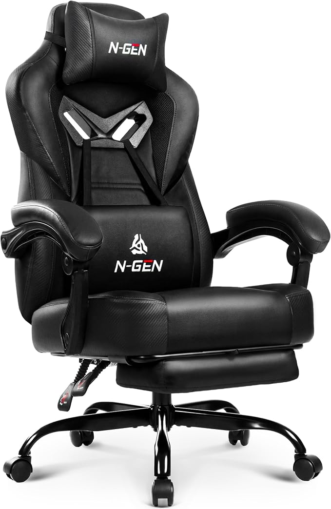 N-GEN GAMING Gaming Chair Big and Tall Computer Heavy Duty Office Desk Chair with Footrest Ergonomic Lumbar Support High Back Recliner for Adults (Dark Black)