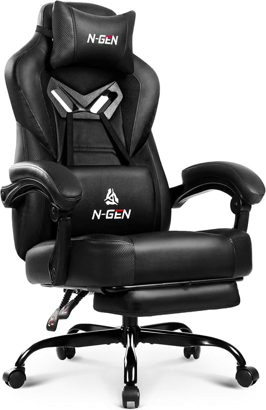 N-GEN GAMING Gaming Chair Big and Tall Computer Heavy Duty Office Desk Chair with Footrest Ergonomic Lumbar Support High Back Recliner for Adults (Dark Black)