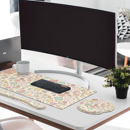 Britimes Kawaii Bunny Bear Keyboard Mouse Pad Set Cartoon Pink 4in1 Large Mousepad+Keyboard Wrist Rest+Mouse Wrist Rest+Coaster Ergonomic Design for Home Office Computer 35.4x15.7 inches