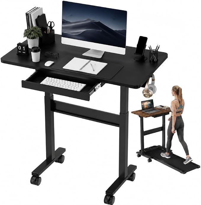 Standing Desk for Walking Pad with Wheels, Pneumatic Cordless Height Adjustable Rolling Desk, Mobile Computer Workstation with Drawer Hook Locking Casters for Treadmill & Home Office, Black